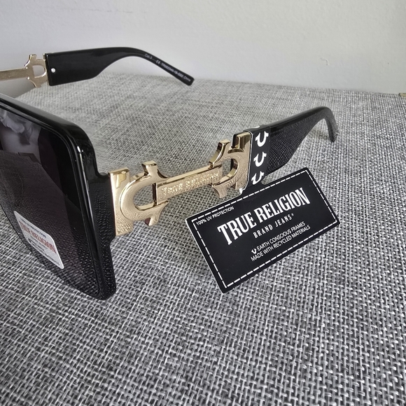 True Religion Oversized Black Gold Square Sunglasses Brand Jeans - Picture 4 of 4